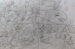 Size: 2979x1969 | Tagged: safe, artist:徐詩珮, fizzlepop berrytwist, pinkie pie, spring rain, tempest shadow, shark, series:sprglitemplight diary, series:sprglitemplight life jacket days, series:springshadowdrops diary, series:springshadowdrops life jacket days, g4, alternate universe, clothes, female, lesbian, lifeguard, lifeguard spring rain, marshall (paw patrol), paw patrol, prank, ship:springshadow, shipping, simple background, snorkel, snorkeling, traditional art, zuma (paw patrol)