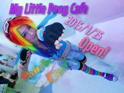 Size: 1024x768 | Tagged: safe, artist:bunnyoxo, rainbow dash, human, g4, 2015, clothes, converse, cosplay, costume, irl, irl human, japanese, my little pony cafe, photo, shoes, wings
