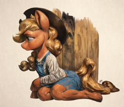 Size: 1200x1040 | Tagged: safe, artist:assasinmonkey, applejack, earth pony, anthro, unguligrade anthro, g4, arm hooves, clothes, cowboy hat, digital painting, female, hat, mare, overalls, profile, realistic horse legs, sitting, solo