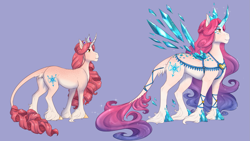 Size: 1403x792 | Tagged: safe, artist:askbubblelee, idw, princess amore, pony, unicorn, g4, crystal wings, curved horn, digital art, female, horn, leonine tail, mare, solo, unshorn fetlocks, wings