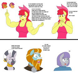 Size: 2048x1965 | Tagged: safe, artist:matchstickman, apple bloom, babs seed, maud pie, rockhoof, scootaloo, zecora, earth pony, zebra, anthro, matchstickman's apple brawn series, tumblr:where the apple blossoms, g4, apple bloom's bow, apple brawn, armpits, biceps, bow, breasts, busty apple bloom, clothes, comic, deltoids, dialogue, female, hair bow, male, mare, muscles, older, older apple bloom, simple background, stallion, tumblr comic, white background