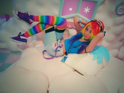 Size: 1024x768 | Tagged: safe, artist:bunnyoxo, rainbow dash, human, g4, clothes, converse, cosplay, costume, irl, irl human, photo, shoes, solo, wings
