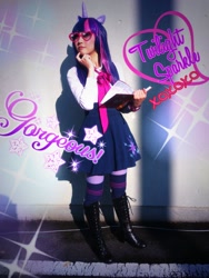 Size: 768x1024 | Tagged: safe, artist:bunnyoxo, twilight sparkle, human, g4, book, clothes, cosplay, costume, horn, irl, irl human, photo, pony ears, socks, thigh highs