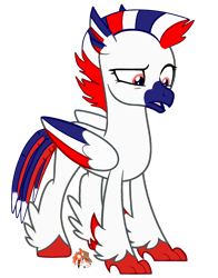 Size: 1024x1308 | Tagged: safe, artist:firehearttheinferno, oc, oc only, oc:firecracker, classical hippogriff, hippogriff, fallout equestria, fallout equestria: equestria the beautiful, base used, beak, blue, claws, ear tufts, eyelashes, fallout equestria oc, feather, female, france, full body, hippogriff oc, hooves, link in description, pink eyes, puzzled, red, show accurate, solo, striped mane, tail feathers, talons, white coat
