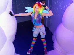 Size: 1024x768 | Tagged: safe, artist:bunnyoxo, rainbow dash, human, g4, clothes, converse, cosplay, costume, irl, irl human, my little pony cafe, photo, rainbow socks, shoes, socks, solo, striped socks, thigh highs, wings