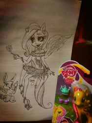 Size: 600x800 | Tagged: safe, artist:bunnyoxo, angel bunny, fluttershy, human, anthro, g4, clothes, flower, humanized, monster high, pony ears, tail, toy, wings