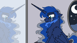 Size: 1360x763 | Tagged: safe, artist:rosefang16, princess luna, alicorn, pony, beard, chest fluff, crescent moon, crying, ear fluff, facial hair, fangs, happy, male, mirror, moon, night, prince artemis, reflection, rule 63, solo, stallion, tears of joy, trans male, transgender, wing fluff