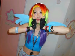 Size: 2304x1728 | Tagged: safe, artist:bunnyoxo, rainbow dash, human, g4, clothes, cosplay, costume, irl, irl human, photo, scene interpretation, so awesome, solo, wings