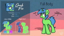Size: 3840x2160 | Tagged: safe, artist:sugar morning, oc, oc only, oc:quick fix, pony, unicorn, blue mane, chibi, green fur, high res, male, reference sheet, solo