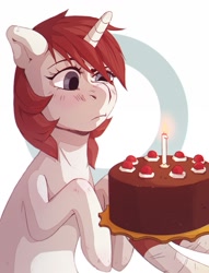 Size: 977x1280 | Tagged: safe, artist:thane corst, oc, oc only, pony, unicorn, birthday, black forest cake, blushing, cake, candle, digital art, female, food, horn, mare, portal (valve), raised hoof