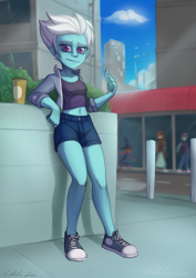 Size: 1860x2631 | Tagged: safe, artist:gabbslines, fleetfoot, equestria girls, g4, belly button, cellphone, chips, city, clothes, converse, equestria girls-ified, female, food, jacket, leaning, midriff, phone, potato chips, shoes, shorts, smartphone, solo