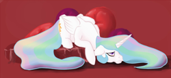 Size: 948x437 | Tagged: dead source, safe, artist:st-timid, princess celestia, alicorn, pony, g4, bloodshot eyes, cropped, female, floppy ears, mare, missing accessory, pillow, prone, red background, simple background, solo