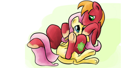 Size: 948x531 | Tagged: dead source, safe, artist:st-timid, big macintosh, fluttershy, earth pony, pegasus, pony, g4, butt, cropped, cuddling, female, flutterbutt, male, mare, missing accessory, on back, on side, plot, ship:fluttermac, shipping, stallion, straight, underhoof