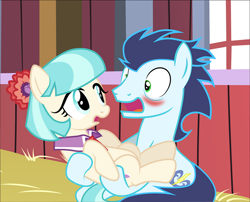 Size: 640x517 | Tagged: safe, artist:mlp-silver-quill, edit, coco pommel, soarin', earth pony, pegasus, pony, comic:pinkie pie says goodnight, g4, barn, blushing, comic, crack shipping, cropped, holding a pony, implied soarinpommel, shipping, sweet apple acres