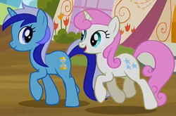 Size: 366x241 | Tagged: safe, screencap, minuette, twinkleshine, pony, unicorn, g4, it's about time, duo, female, mare, walking