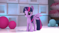 Size: 800x450 | Tagged: safe, screencap, pinkie pie, twilight sparkle, alicorn, earth pony, pony, g4, hello pinkie pie, 3d, animated, cute, diapinkes, female, gif, in which pinkie pie forgets how to gravity, looking around, mare, name that pony challenge, pinkie being pinkie, pinkie physics, surprised, twiabetes, twilight sparkle (alicorn), upside down, wings