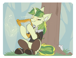 Size: 3933x3000 | Tagged: safe, artist:trickate, oc, oc only, oc:rhythm fruit, mouse, pony, unicorn, clothes, ear fluff, eyes closed, female, glasses, hat, high res, lyre, mare, musical instrument, shoes, sitting, smiling, socks, solo, tree
