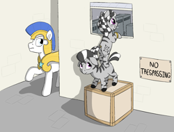 Size: 1953x1483 | Tagged: safe, artist:heretichesh, oc, oc:mchafu, oc:zala, earth pony, pony, zebra, armor, box, caught, female, filly, imminent spanking, lockers, male, peeking, royal guard, sign, sparkles, stallion, text, this will end in juvenile detention, zebra oc, zilly