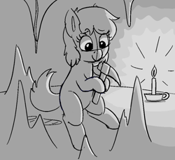 Size: 842x772 | Tagged: safe, artist:heretichesh, oc, oc:whinny, earth pony, pony, candle, candlelight, cave, female, mare, mining, pickaxe, solo, stalactite, stalagmite