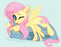 Size: 3330x2556 | Tagged: safe, artist:taneysha, finn tastic, fluttershy, dolphin, pegasus, pony, my little pony: pony life, pony life, the trail less trotten, body pillow, cute, female, g4.5 to g4, high res, looking at you, lying down, mare, one eye closed, pillow, shyabetes, solo