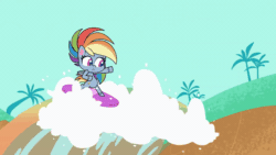 Size: 800x450 | Tagged: safe, screencap, rainbow dash, pegasus, pony, g4.5, my little pony: pony life, pony surfin' safari, animated, bipedal, breaking the fourth wall, cartoon physics, falling, female, gif, gritted teeth, looking at you, looking down, potion ocean, rainbow water, solo, splash, surfboard, surfing, teeth, wave