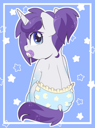 Size: 2981x4000 | Tagged: safe, artist:duckie, oc, oc only, oc:indigo wire, pony, unicorn, back, crying, diaper, dock, dummy, female, filly, foal, from behind, gradient hooves, implied tail hole, looking at you, looking back, looking back at you, pacifier, ponytail, rear view, simple background, sitting, solo, teary eyes, wingding eyes