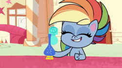 Size: 1920x1080 | Tagged: safe, screencap, fluttershy, rainbow dash, pegasus, pony, g4.5, my little pony: pony life, potion mystery, animated, bipedal, chair, eyes closed, female, gotta go fast, laughing, magic, male, pose, potion, running, running in place, sitting, smiling, sonic dash, sonic the hedgehog, sonic the hedgehog (series), sonic-style rainbow dash, sound, sugarcube corner, talking, webm, wheel o feet, wings