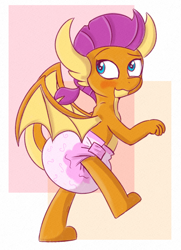 Size: 1280x1769 | Tagged: safe, artist:zalakir, smolder, dragon, g4, abstract background, blushing, diaper, diaper fetish, female, fetish, looking back, non-baby in diaper, poofy diaper, smiling, solo, spread wings, wings