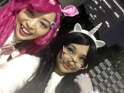 Size: 1280x960 | Tagged: safe, artist:12ss20, artist:aila_nk, pinkie pie, rarity, human, g4, clothes, convention:tokyocomiccon, cosplay, costume, glasses, horn, irl, irl human, photo, pony ears, selfie, smiling