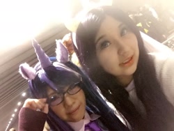 Size: 1280x960 | Tagged: safe, artist:aila_nk, artist:arue_07, rarity, twilight sparkle, human, g4, clothes, convention:tokyocomiccon, cosplay, costume, glasses, horn, irl, irl human, photo, pony ears, selfie, smiling