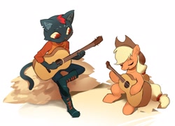 Size: 2108x1520 | Tagged: safe, artist:luciferamon, applejack, cat, pony, g4, crossover, guitar, hat, hay, mae borowski, musical instrument, night in the woods, playing