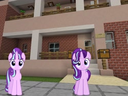 Size: 2048x1536 | Tagged: safe, artist:topsangtheman, artist:xebck, starlight glimmer, pony, unicorn, g4, house, looking at you, minecraft, self ponidox