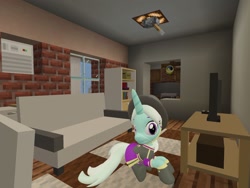 Size: 2048x1536 | Tagged: safe, artist:topsangtheman, cornetta, pony, unicorn, g4, clothes, female, hat, house, living room, looking at you, minecraft, solo, uniform