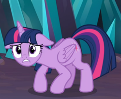 Size: 546x445 | Tagged: safe, screencap, twilight sparkle, alicorn, pony, g4, season 9, the beginning of the end, cropped, crouching, female, floppy ears, folded wings, solo, twilight sparkle (alicorn), wings, worried