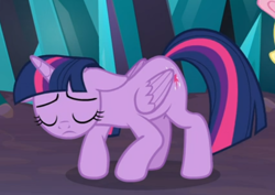 Size: 554x393 | Tagged: safe, screencap, twilight sparkle, alicorn, pony, g4, season 9, the beginning of the end, cropped, crouching, female, floppy ears, folded wings, sad, solo, twilight sparkle (alicorn), wings