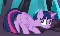 Size: 946x564 | Tagged: safe, screencap, twilight sparkle, alicorn, pony, g4, season 9, the beginning of the end, butt, cropped, crouching, digging, female, folded wings, looking back, plot, sad, solo, twibutt, twilight sparkle (alicorn), wings