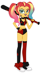 Size: 1024x1784 | Tagged: safe, artist:emeraldblast63, sunset shimmer, equestria girls, g4, baseball bat, belly button, clothes, clothes swap, converse, cosplay, costume, crossover, dc comics, female, harley quinn, harley quinn (2019), pigtails, shoes, sleeveless, twintails