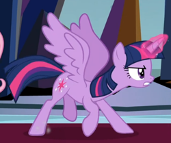 Size: 624x522 | Tagged: safe, screencap, twilight sparkle, alicorn, pony, g4, season 9, the beginning of the end, cropped, determined, female, glowing horn, horn, raised hoof, solo, spread wings, twilight sparkle (alicorn), wings
