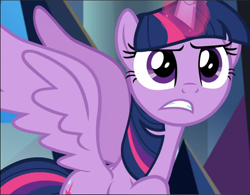 Size: 1210x942 | Tagged: safe, screencap, twilight sparkle, alicorn, pony, g4, season 9, the beginning of the end, cropped, determined, female, glowing horn, horn, solo, spread wings, teeth, twilight sparkle (alicorn), wings
