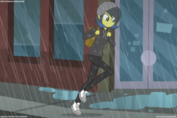 Size: 7635x5062 | Tagged: safe, artist:gamerpen, oc, oc only, oc:pauly sentry, equestria girls, g4, absurd resolution, backpack, building, canterlot city, clothes, female, hoodie, pants, puddle, rain, running, shoes, solo
