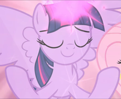 Size: 1147x939 | Tagged: safe, screencap, twilight sparkle, alicorn, pony, g4, the beginning of the end, cropped, eyes closed, female, glowing horn, horn, magic, magic aura, smiling, solo, spread hooves, spread wings, twilight sparkle (alicorn), wings