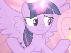 Size: 1254x937 | Tagged: safe, screencap, twilight sparkle, alicorn, pony, g4, season 9, the beginning of the end, cropped, female, glowing horn, horn, smiling, solo, spread hooves, spread wings, twilight sparkle (alicorn), wings