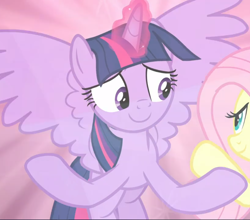 Size: 1068x938 | Tagged: safe, screencap, twilight sparkle, alicorn, pony, g4, the beginning of the end, cropped, female, glowing horn, horn, looking at each other, magic, magic aura, smiling, solo focus, spread hooves, spread wings, twilight sparkle (alicorn), wings