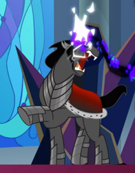 Size: 545x695 | Tagged: safe, screencap, king sombra, pony, g4, the beginning of the end, cropped, dark magic, glowing horn, horn, magic, male, open mouth, raised hoof, solo