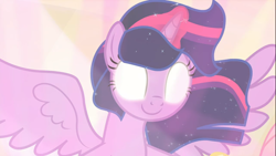 Size: 1666x937 | Tagged: safe, screencap, twilight sparkle, alicorn, pony, g4, season 9, the beginning of the end, cropped, ethereal mane, female, glowing eyes, glowing horn, horn, magic, magic aura, solo, spread wings, twilight sparkle (alicorn), wings