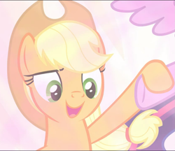 Size: 1089x941 | Tagged: safe, screencap, applejack, twilight sparkle, alicorn, pony, g4, the beginning of the end, cropped, female, holding hooves, open mouth, twilight sparkle (alicorn)
