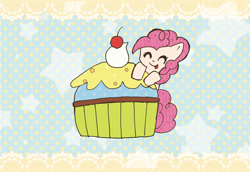Size: 2122x1461 | Tagged: safe, artist:rai_ra, pinkie pie, earth pony, pony, g4, cupcake, cute, eyes closed, female, food, smiling, solo, tongue out