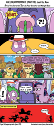 Size: 938x2177 | Tagged: safe, artist:pony-berserker, caramel, derpy hooves, spike, twilight sparkle, oc, oc:cream heart, dragon, pegasus, pony, unicorn, comic:age (in)appropriate, g4, angry mob, bad end, baseball bat, chase, comic, karma, mama bear, running, scared, scooter, speech bubble, this will not end well, twilight sparkle is not amused, unamused