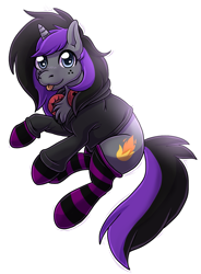 Size: 883x1200 | Tagged: safe, artist:couriem, oc, oc only, oc:purple flame, pony, unicorn, chibi, clothes, cute, headphones, hoodie, male, simple background, socks, solo, stallion, stockings, striped socks, thigh highs, transparent background