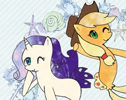 Size: 495x396 | Tagged: safe, artist:rai_ra, applejack, rarity, seapony (g4), g4, bubble, female, one eye closed, seaponified, seapony applejack, seapony rarity, species swap, traditional art, underwater, water, wink